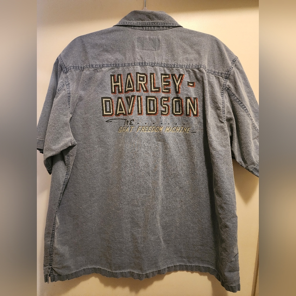 Harley-Davidson Gray Denim Shirt with Multicolor Embroidered Logo